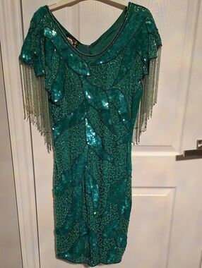 Vintage Casino Nights Silk Emerald Sequin And Beaded Cocktail Dress - Women